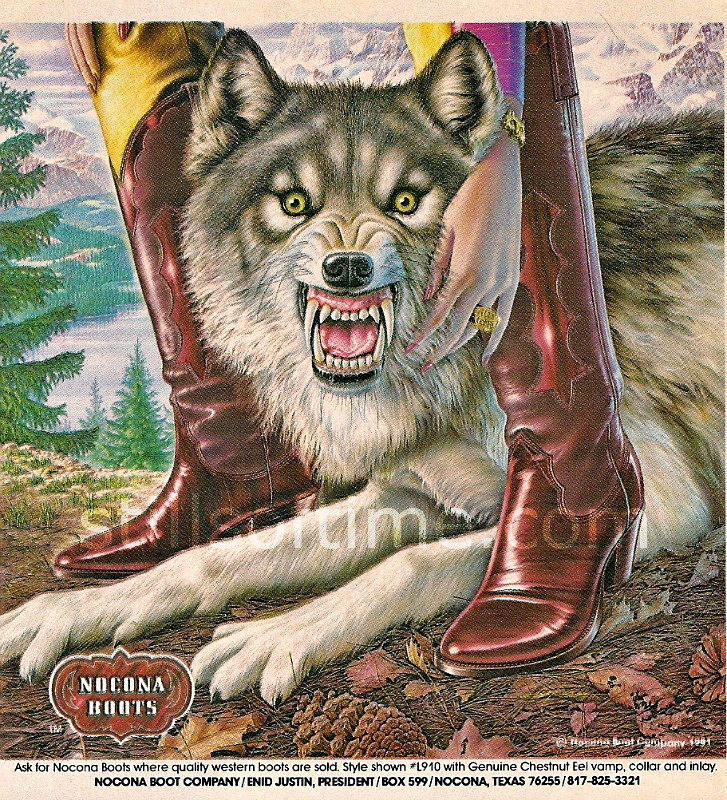 NOCONA Cowgirl Boots Wolf Art Ad, Vintage Collectible Paper